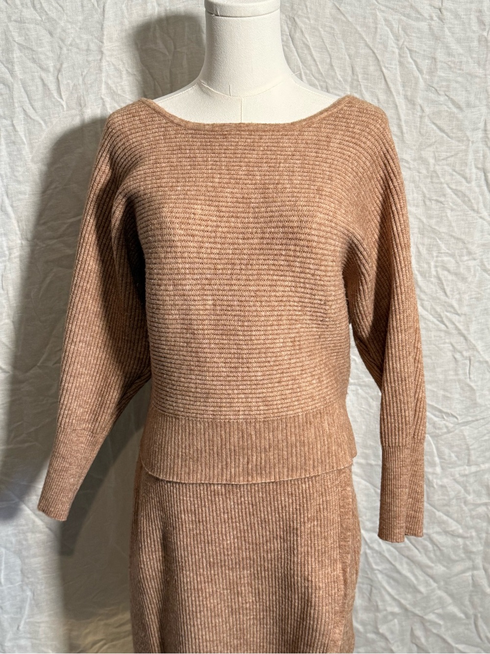 Lush Cozy Ribbed Boatneck Sweater and Skirt set in Camel